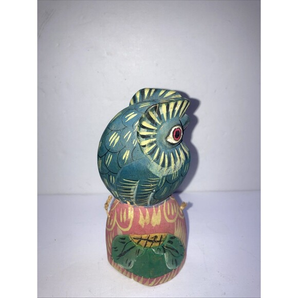 Hand Carved & Painted Wood Owl On Bell 6 X 2.5 Folk Art - Picture 3 of 6